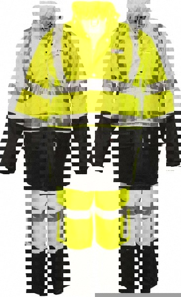 Suit with Bib Overalls: Size L, ANSI 107-2010, ASTM D6413-08 & NFPA 701, Black & Lime, Polyester & Polyurethane